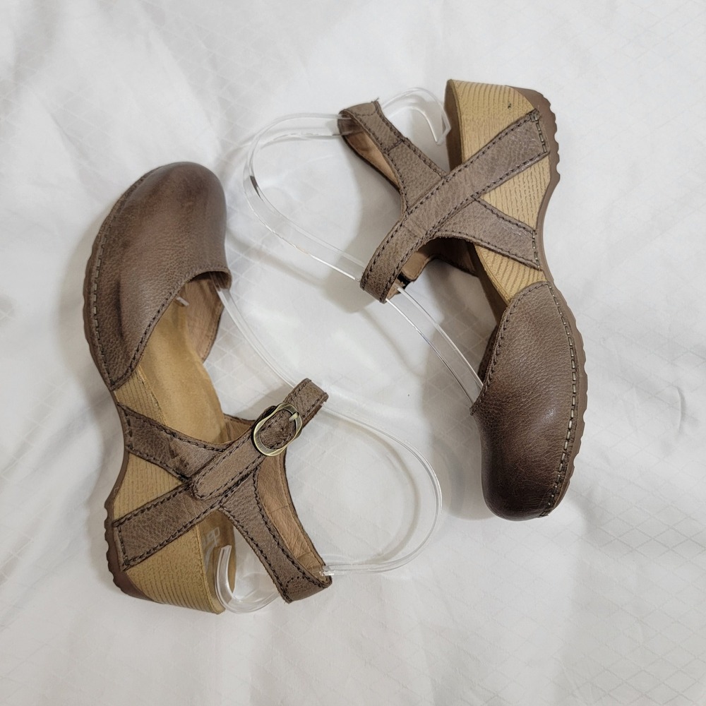 Dansko Tiffani 36 5.5-6 Milled Burnished Brown Leather Mary Jane Wedge Sandals - Picture 6 of 15